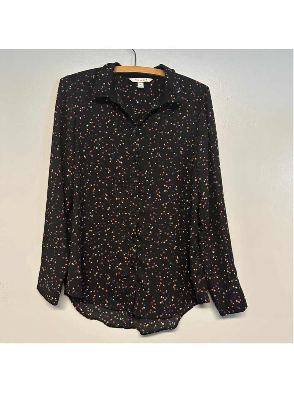 POPSUGAR Black Multi-color Star Print Button Down Shirt size Medium festive